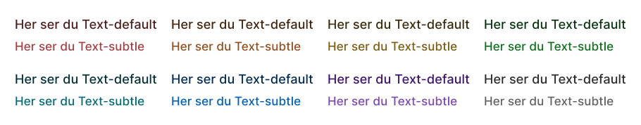 Skjermbilde av Figma som viser hvordan Text-default og Text-subtle ser ut for 8 forskjellige fargeskalaer generert med Temabyggeren.