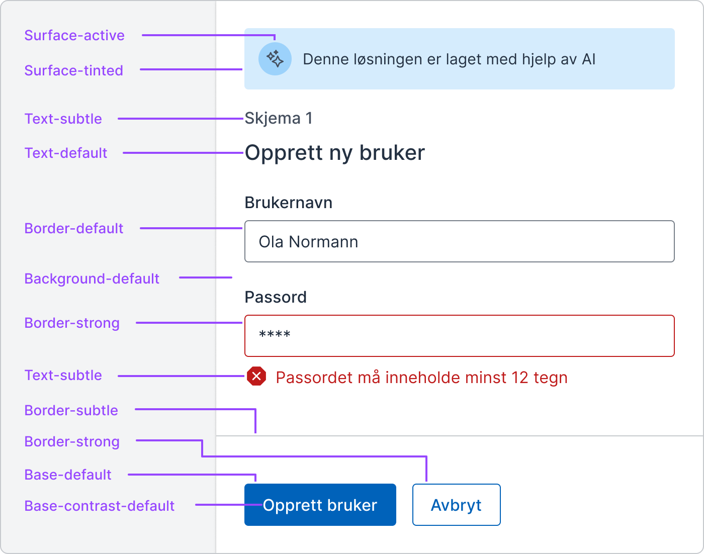 Viser hvordan de semantiske fargene er delt opp i varianter